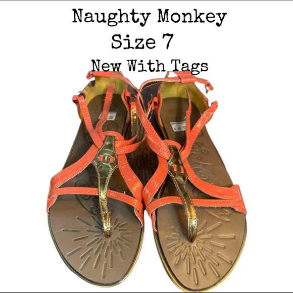 NWT Size 7 Naughty Monkey Coral and Gold Patent Sandals - Picture 1 of 14